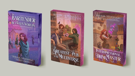 Sprayed edge paperbacks of The Bartender Between Worlds, The Greatest Pub in the Multiverse and Interdimensional Drink Master with patterned edges