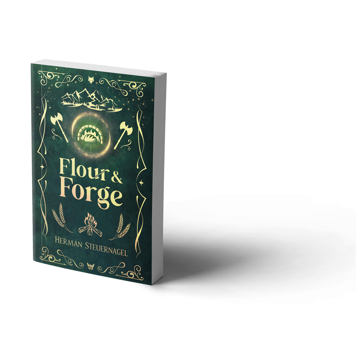 Flour & Forge foiled paperback, angled view of the gold foil cover