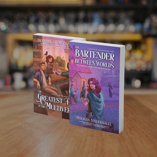 The Bartender Between Worlds and The Greatest Pub in the Multiverse paperbacks on a bar top