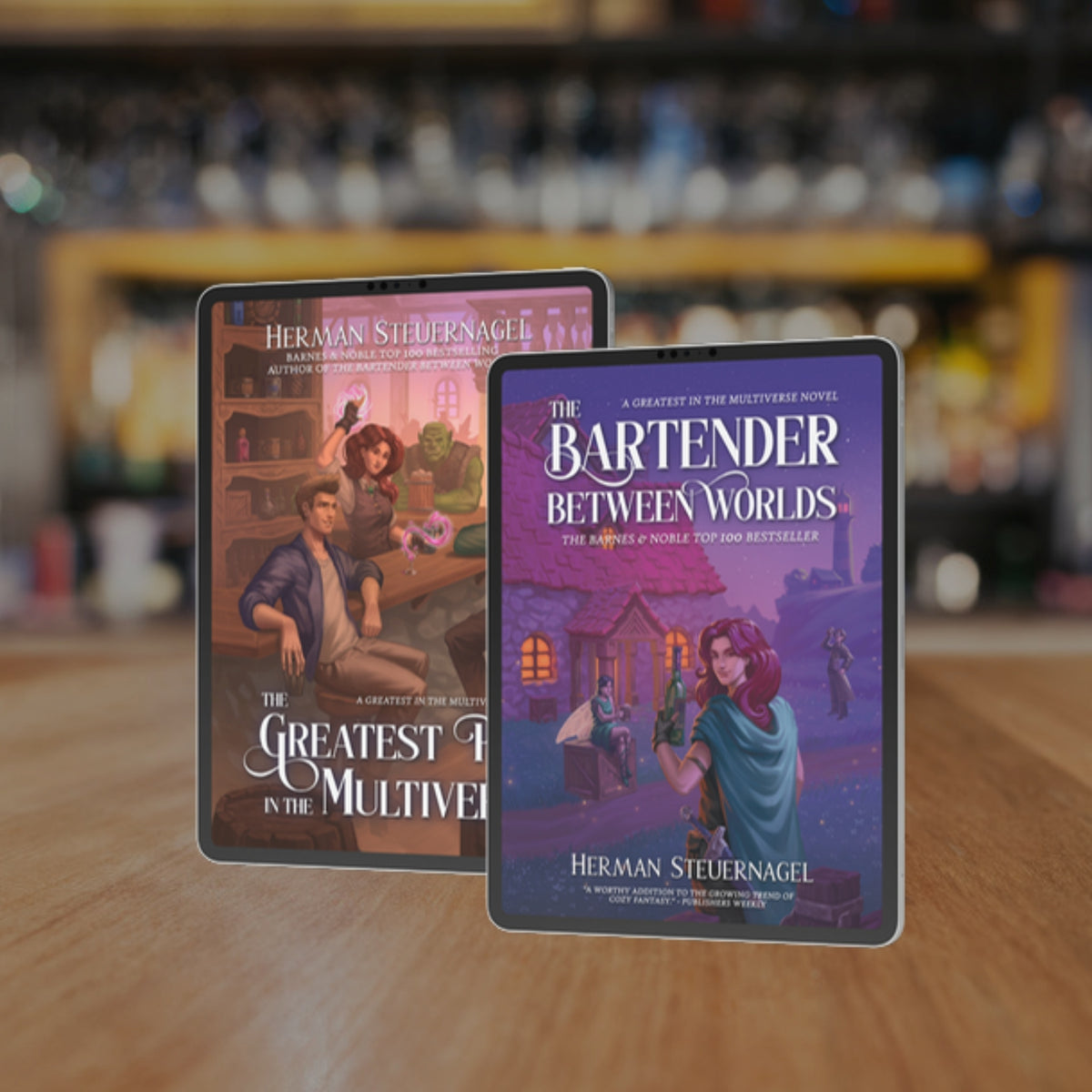The Bartender Between Worlds and The Greatest Pub in the Multiverse ebooks on tablets on a bar top