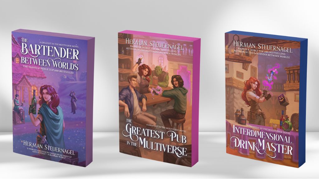 Sprayed edge paperbacks of The Bartender Between Worlds, The Greatest Pub in the Multiverse and Interdimensional Drink Master by Herman Steuernagel