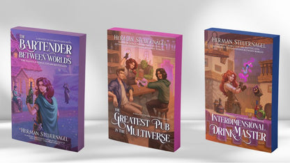Sprayed edge paperbacks of The Bartender Between Worlds, The Greatest Pub in the Multiverse and Interdimensional Drink Master by Herman Steuernagel