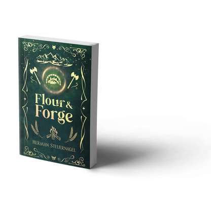 Flour & Forge foiled paperback, angled view of the gold foil cover