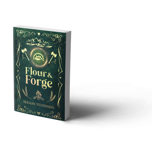 Flour & Forge foiled paperback, angled view of the gold foil cover